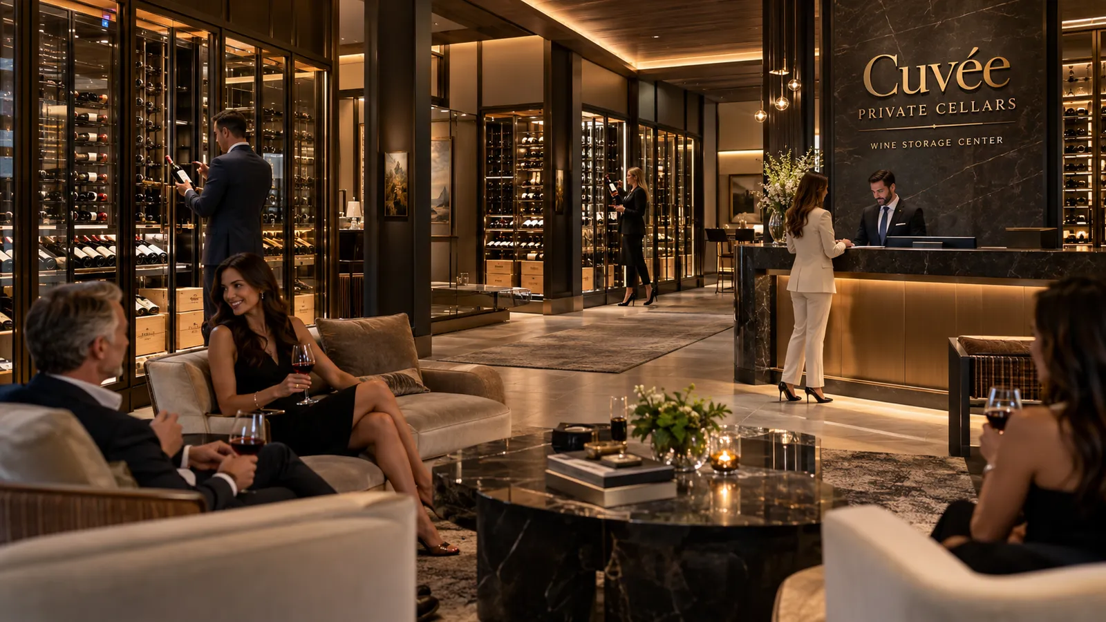 A wine storage club lobby: members in a lounge, lit wine lockers, and a front desk under the club's name