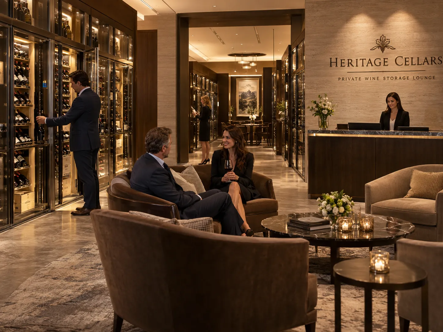 A wine storage lounge with members relaxing beside glass-fronted wine lockers
