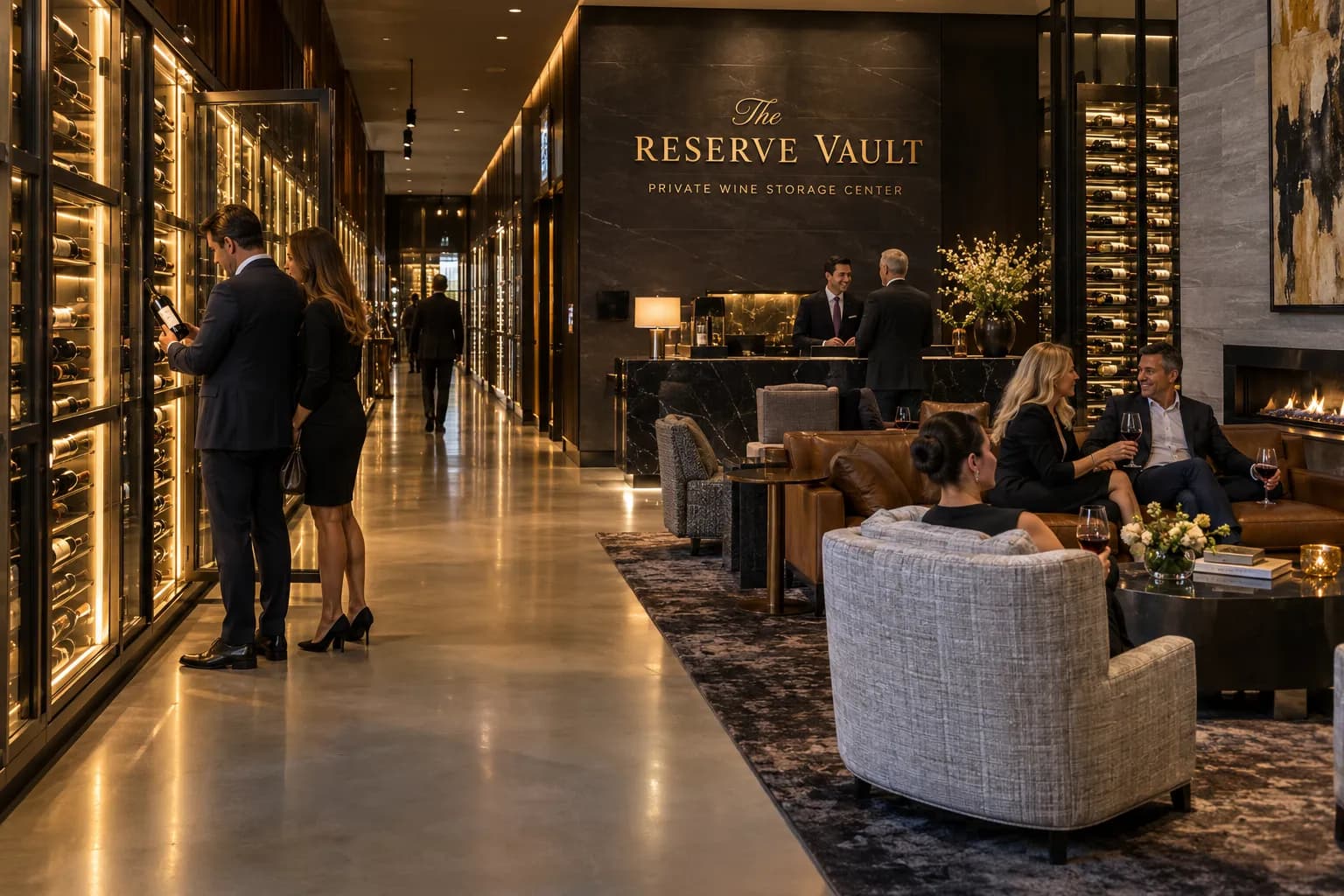 A wine storage club where members browse a lit wine wall and gather by a fireplace in the lounge