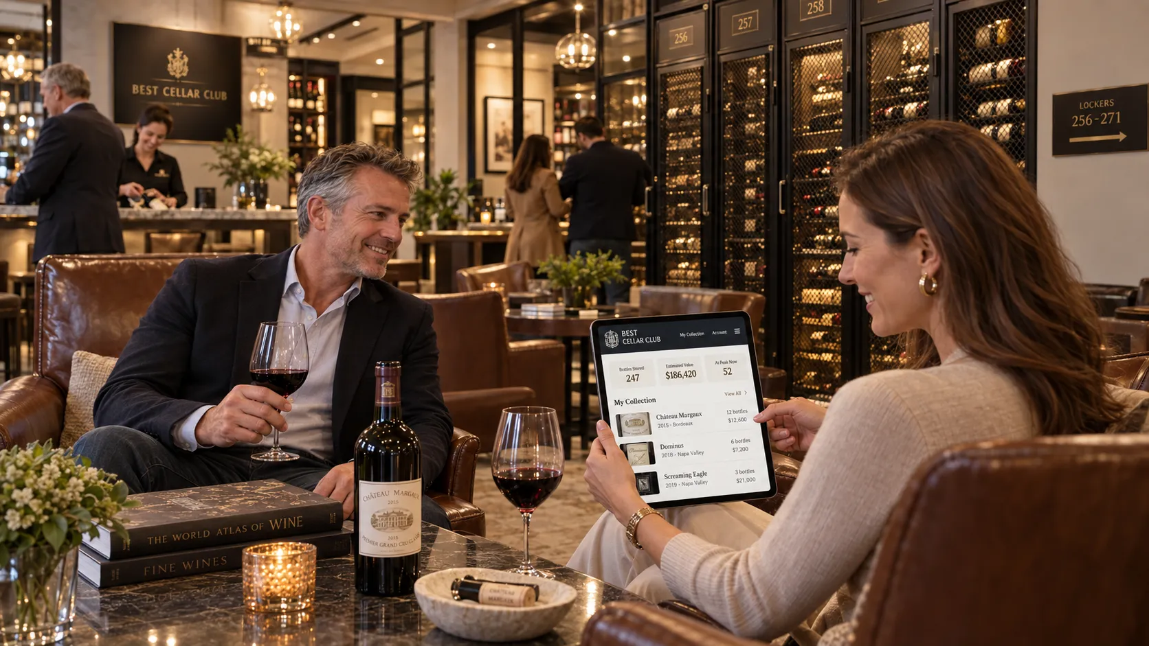 A member in a cellar lounge reading her collection on a tablet while her companion raises a glass