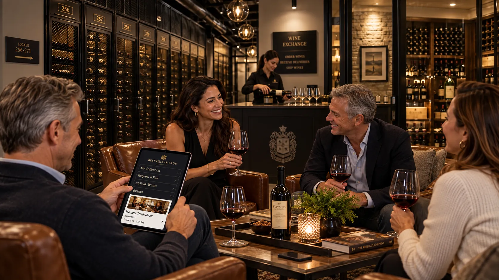 Members together in a cellar lounge, one browsing his collection on a tablet