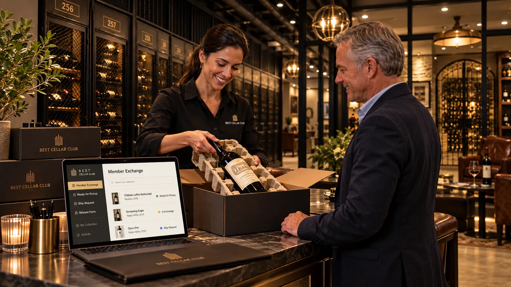 A staff member packing a bottle into a shipper while a member watches at the counter