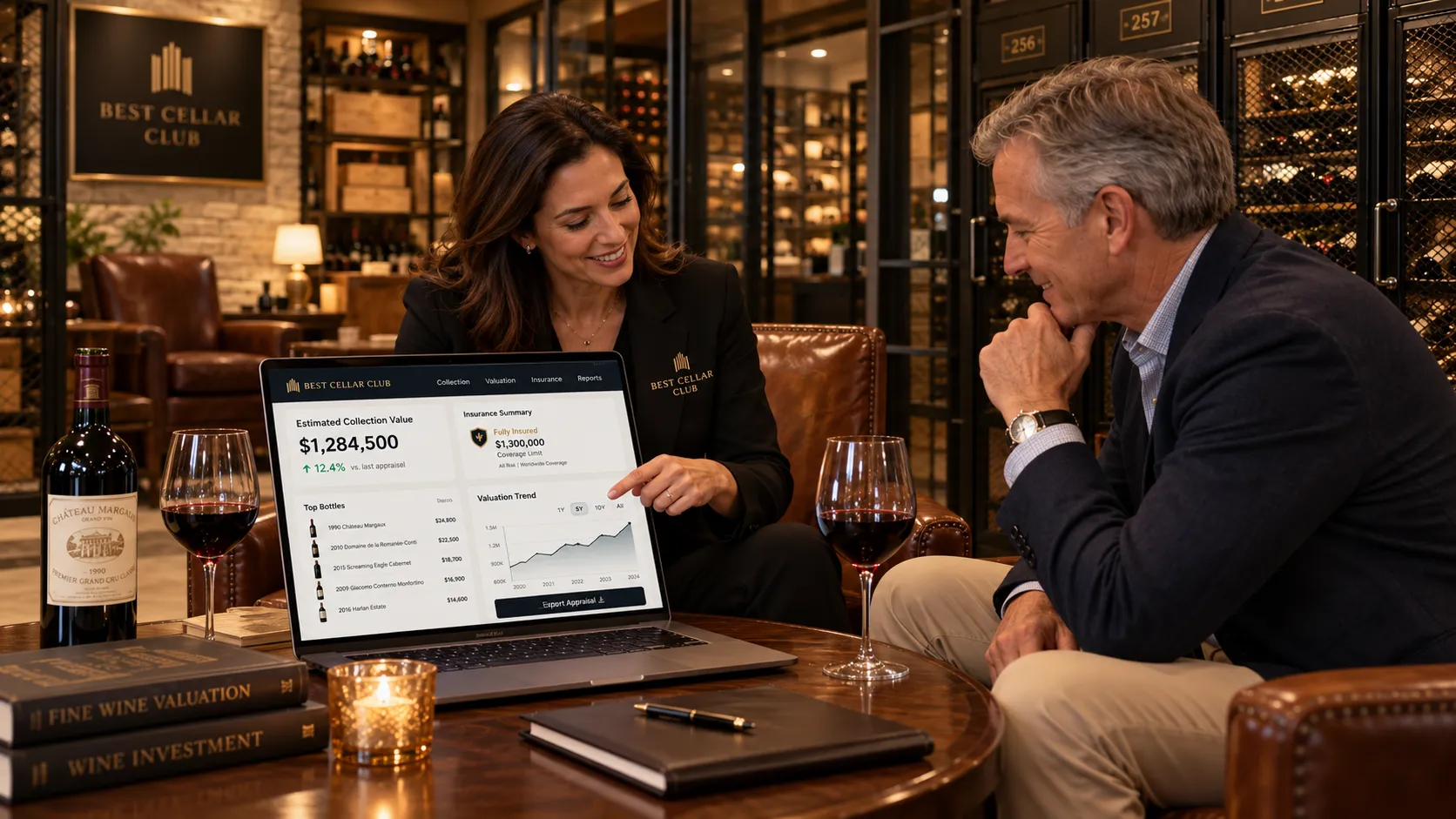 A cellar manager talking a member through the details of his collection at a table in the lounge