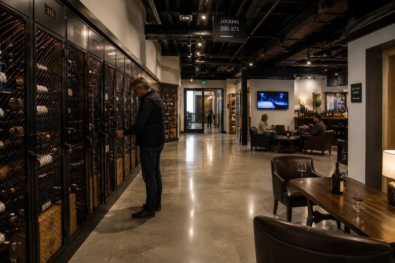 A collector at his wine lockers, with a members' lounge beyond