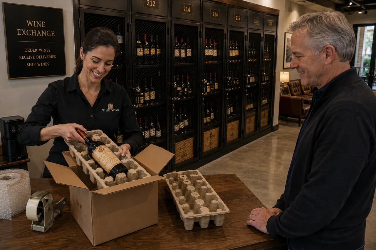 A wine concierge carefully packing a member's case at the front of house