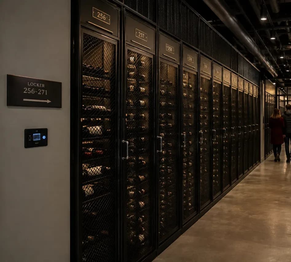 A long aisle of climate-controlled wine lockers with members walking toward the front desk
